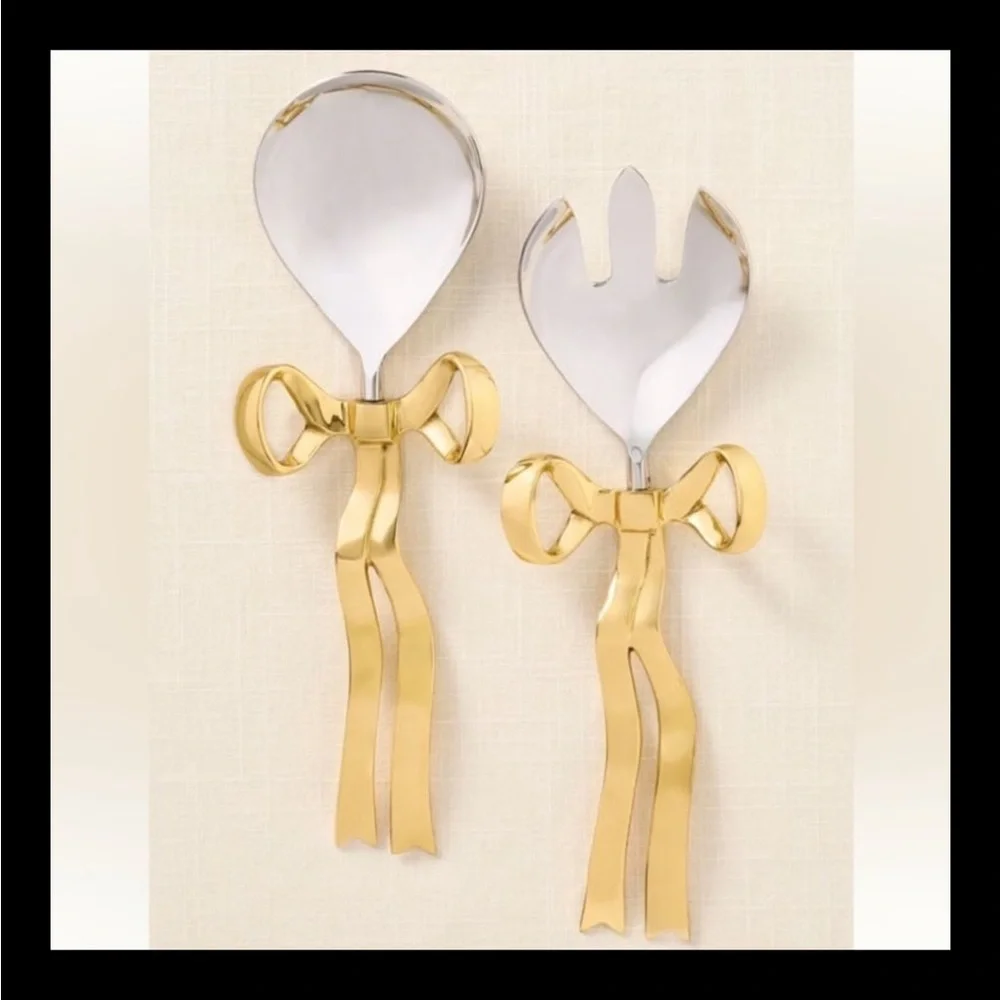 New Anthropologie Home Decor Benedita Stainless Steel Gold Bow Serve Set